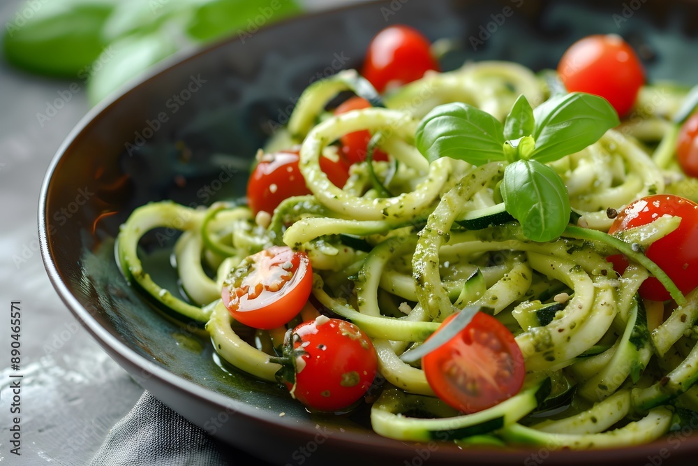 Macro shot of a plate of zucchini noodles with pesto sauce and cherry tomatoes Macro shot of a plate of zucchini noodles with pesto sauce and cherry tomatoes