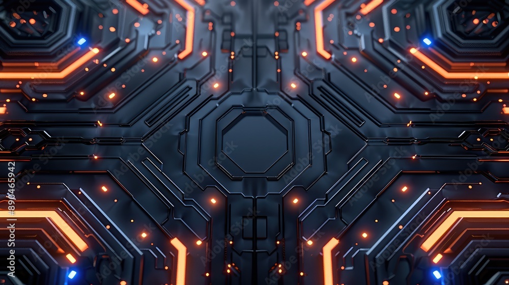 Abstract futuristic circuit board lights moving on black surface and design concepts, symmetrical composition with empty space in the middle. Generative AI. Abstract futuristic circuit board lights moving on black surface and design concepts, symmetrical composition with empty space in the middle. Generative AI.
