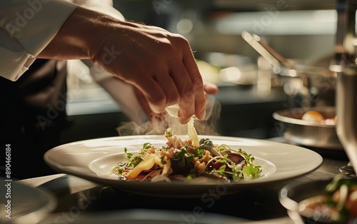 Chef cooks and presents a dish in the kitchen of a luxury restaurant