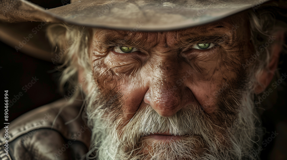 Intense portrait of an elderly cowboy with striking green eyes, weathered face and gray beard Intense portrait of an elderly cowboy with striking green eyes, weathered face and gray beard