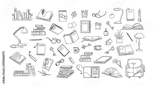 Objects on reading topic, black and white
