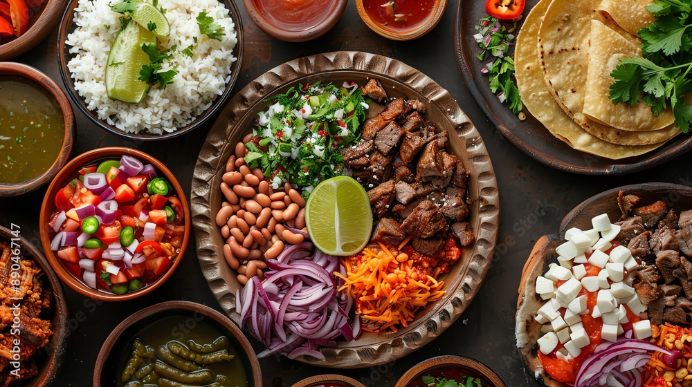 Craft a striking image of Huaraches embellished with artfully arranged beans, succulent meat, and flavorful toppings, using a photorealistic digital technique Craft a striking image of Huaraches embellished with artfully arranged beans, succulent meat, and flavorful toppings, using a photorealistic digital technique