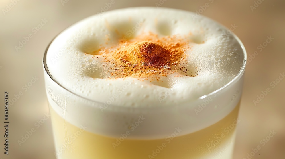 Craft a visually appealing image of a Pisco sour adorned with a beautifully frothy egg white crown, viewed from above to accentuate the drinks artistry and sophistication Craft a visually appealing image of a Pisco sour adorned with a beautifully frothy egg white crown, viewed from above to accentuate the drinks artistry and sophistication