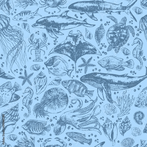 Vector sea animals seamless pattern. Sea life background in blue color with whale, dolphin, octopus