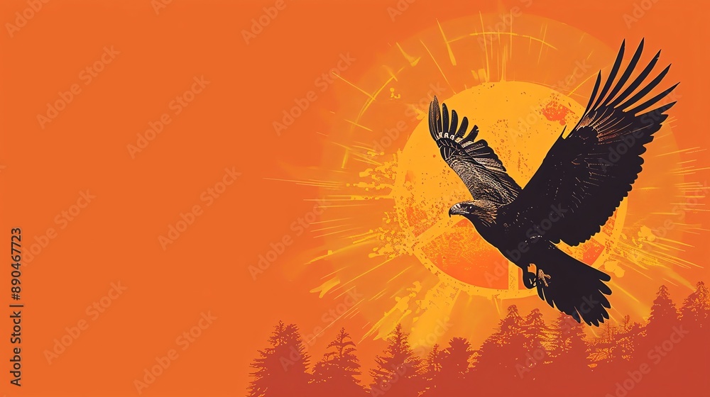 Fototapeta premium Eagle soaring with wings creating a peace sign silhouette, offering a majestic and dynamic backdrop with ample blank space for adding text, ideal for patriotic peace day visuals