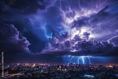 City skyline during a dramatic thunderstorm with lightning