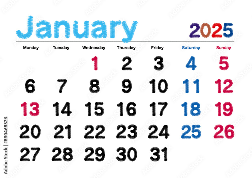 2025年1月の刺繍文字風カレンダー月曜始まり

