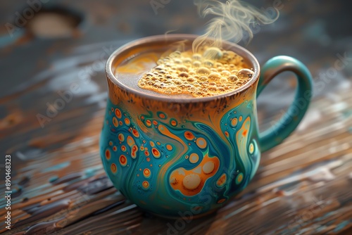 Illustrate a unique perspective of Atole in a mug from below, emphasizing the intricate details of the steaming beverage in a photorealistic digital art form