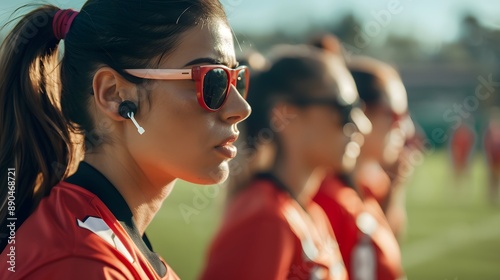 female sports coach with pony tail holding whistle on red tape around her neck. 