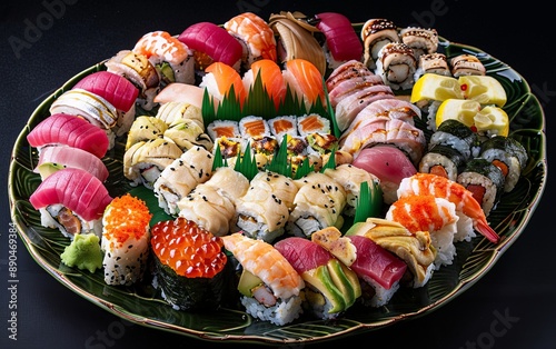 Colorful sushi platter, showcasing an assortment of rolls, nigiri and sashimi, a symbol ofJapanese culinary artistry on a dark background