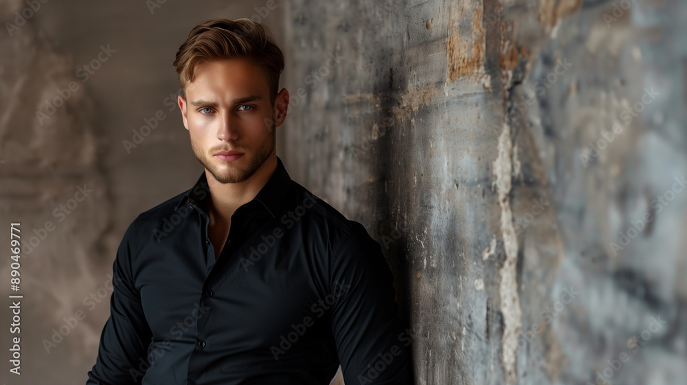 handsome male model in black shirt standing against the wall, portrait of a guy handsome male model in black shirt standing against the wall, portrait of a guy