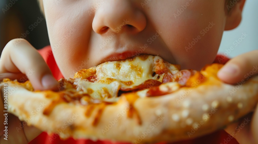 Closeup of Overweight Boy Enjoying a Slice of Pizza, Hungry Child Eating