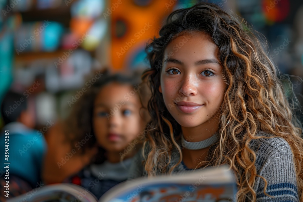 Young Woman Reading a Book in a Library Young Woman Reading a Book in a Library