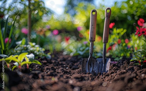 gardening tools on soil with plants, spring garden background