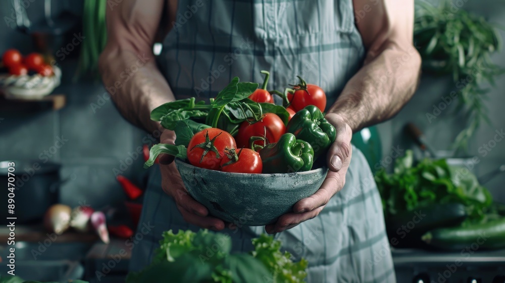 A person holding a bowl of fresh vegetables in a modern kitchen setting A person holding a bowl of fresh vegetables in a modern kitchen setting