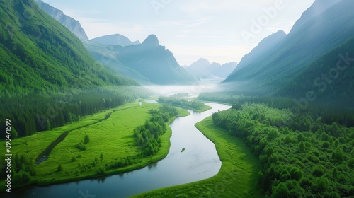 Serene mountain landscape with a river flowing through, lush greenery, realistic, 8K, UHD