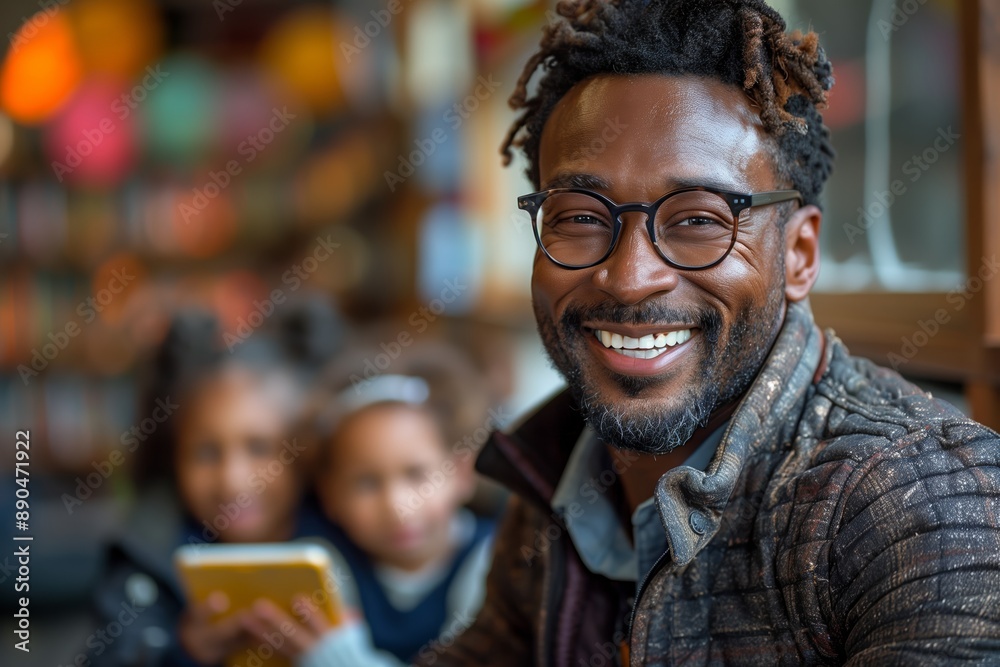 Happy Black Man Wearing Glasses Smiles at Camera in Bookstore Happy Black Man Wearing Glasses Smiles at Camera in Bookstore