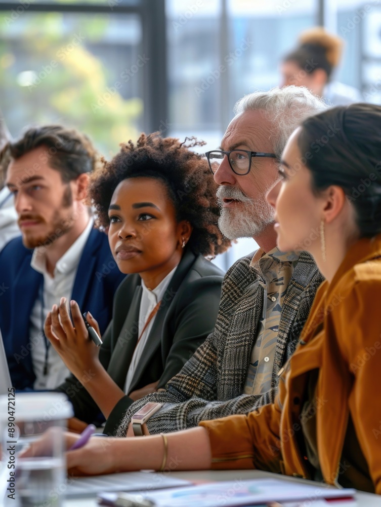 A group of people sit around a table discussing or working together A group of people sit around a table discussing or working together
