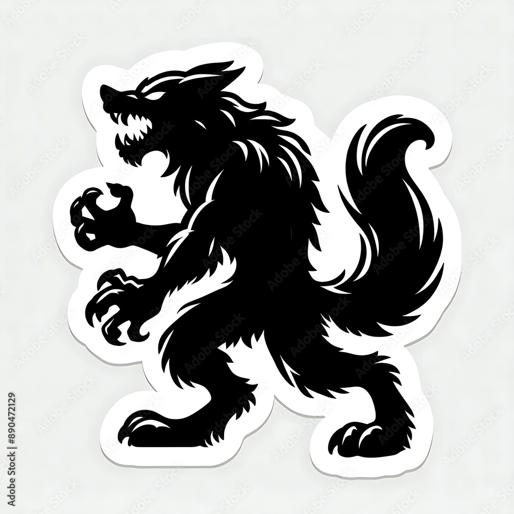 Silhouette of a snarling werewolf. Black and white Halloween sticker with white border isolated on white background. Horror and monster stickers concept Silhouette of a snarling werewolf. Black and white Halloween sticker with white border isolated on white background. Horror and monster stickers concept