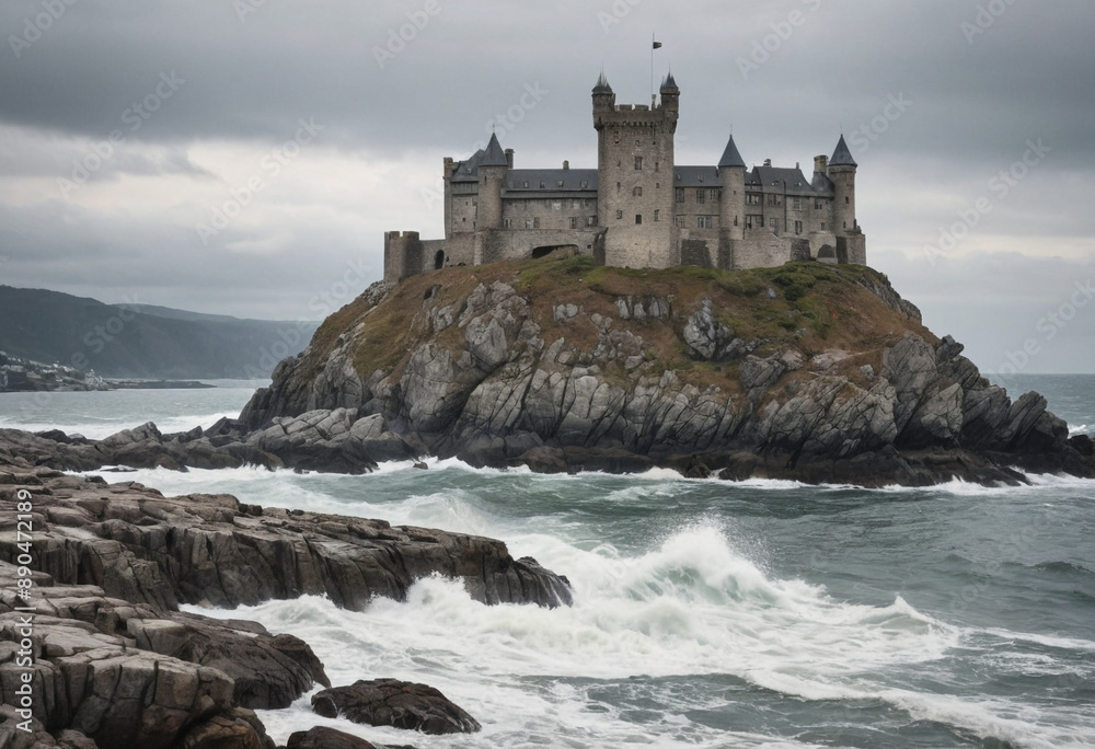 A weathered stone castle standing guard on a rocky coastline with crashing waves. A weathered stone castle standing guard on a rocky coastline with crashing waves.