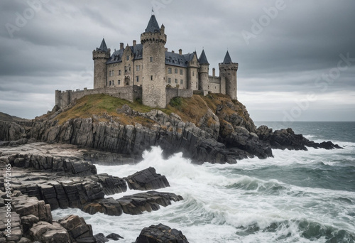  A weathered stone castle standing guard on a rocky coastline with crashing waves. 