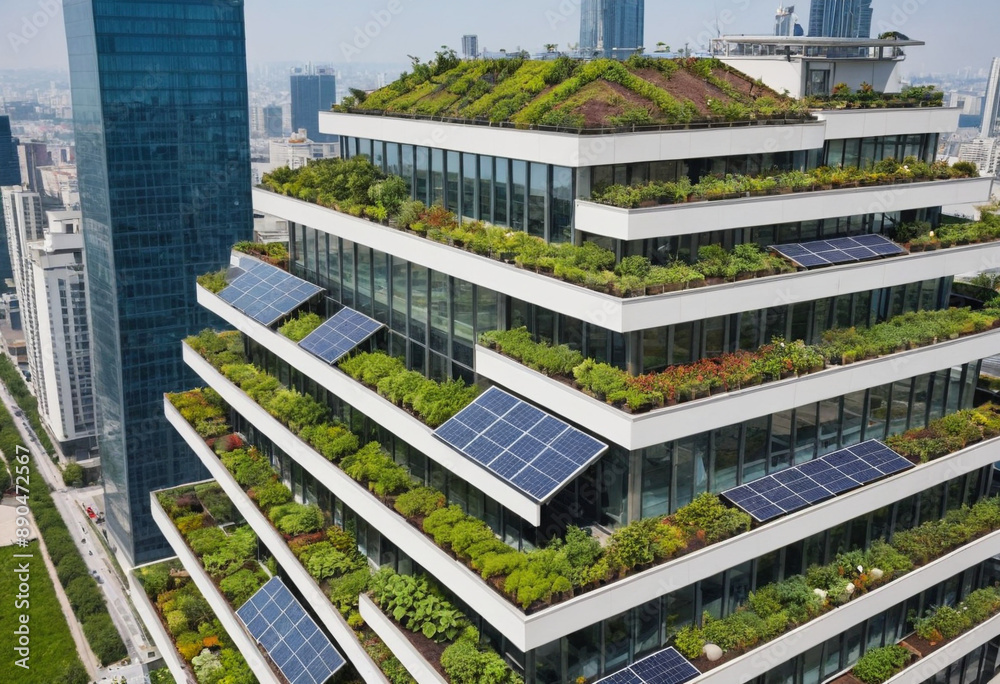 Fototapeta premium A modern eco-friendly skyscraper with rooftop gardens and solar panels in a bustling metropolis. 