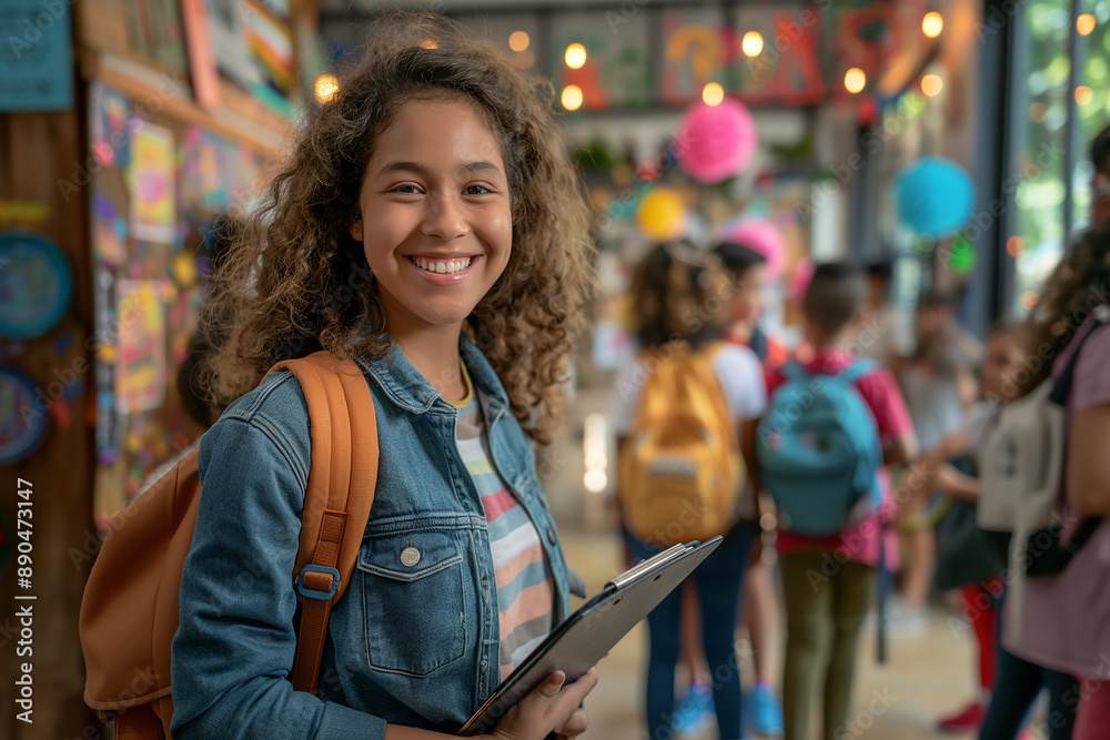A girl with a backpack and a clipboard is smiling A girl with a backpack and a clipboard is smiling