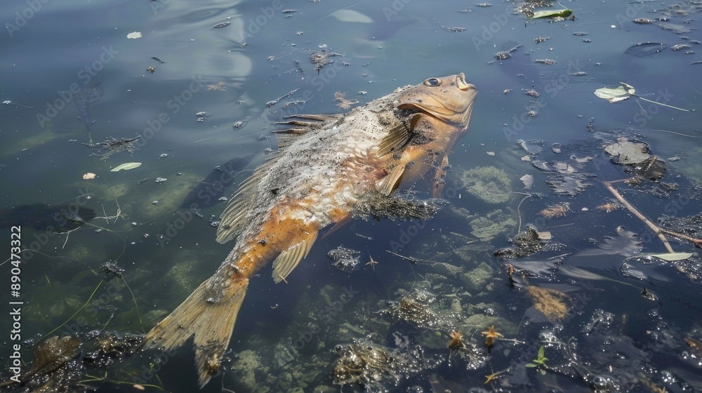 Dead fish floating in polluted waters, highlighting the environmental impact of global warming Dead fish floating in polluted waters, highlighting the environmental impact of global warming
