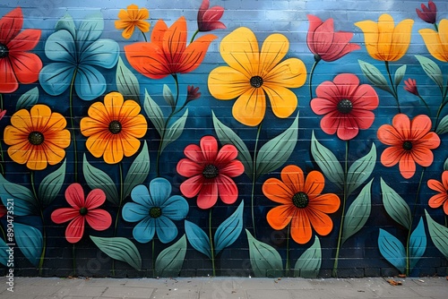 Colorful wall with vibrant flowers painted on it, adding a touch.