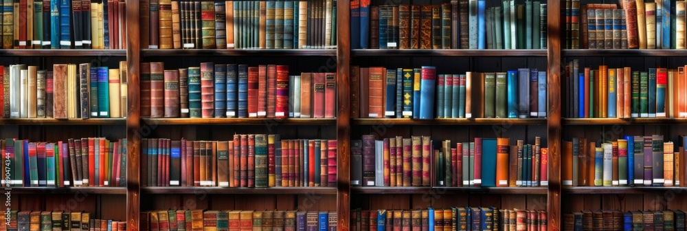 The background is large wooden bookshelves full of books on wall in the library. Knowledge archives The background is large wooden bookshelves full of books on wall in the library. Knowledge archives