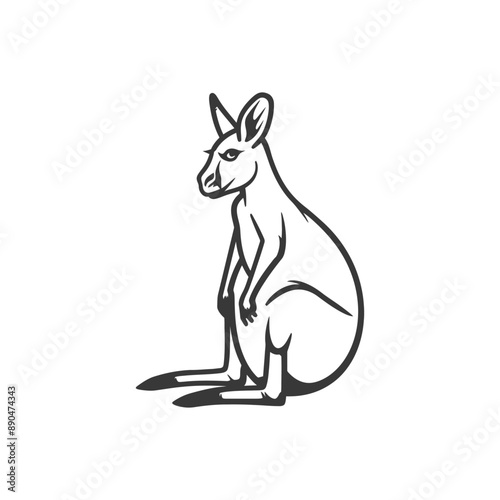 Monochromatic Line Art Illustration of a Seated Wallaby
