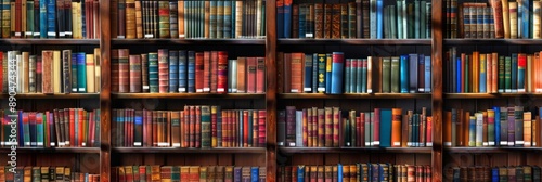 The background is large wooden bookshelves full of books on wall in the library. Knowledge archives