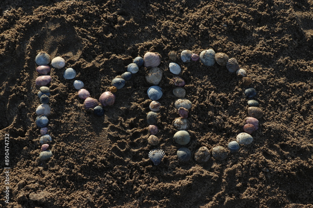 Fotografie Letras creadas con ostras sobre la arena
