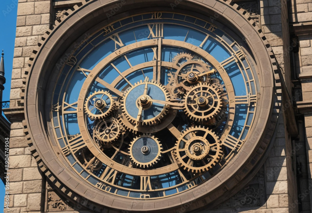 A giant clock tower with gears and cogs exposed on the exterior, showcasing the intricate mechanics of timekeeping. A giant clock tower with gears and cogs exposed on the exterior, showcasing the intricate mechanics of timekeeping.