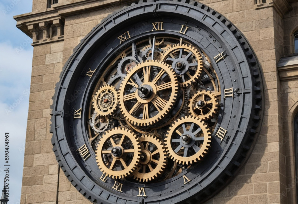  A giant clock tower with gears and cogs exposed on the exterior, showcasing the intricate mechanics of timekeeping. 