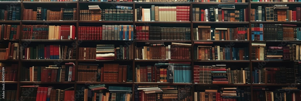 The background is large wooden bookshelves full of books on wall in the library. Knowledge archives The background is large wooden bookshelves full of books on wall in the library. Knowledge archives