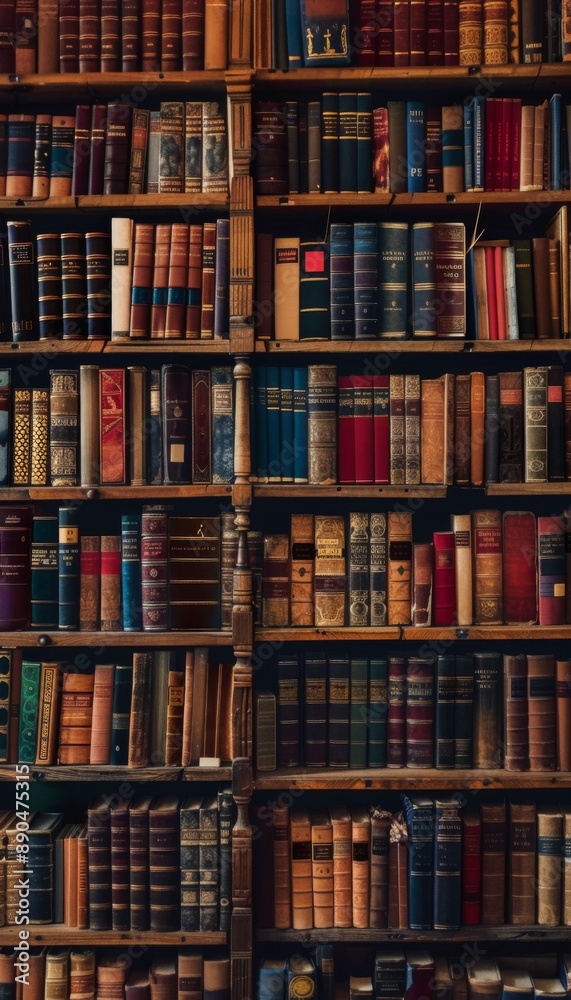 The background is large wooden bookshelves full of books on wall in the library. Knowledge archives The background is large wooden bookshelves full of books on wall in the library. Knowledge archives