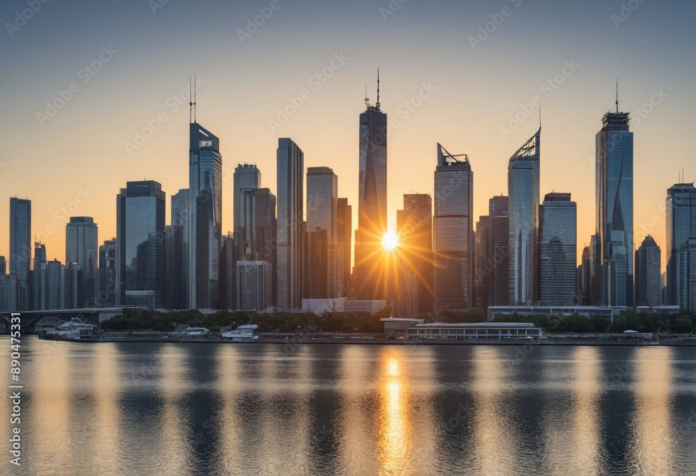 Obraz premium A panoramic cityscape at sunrise 