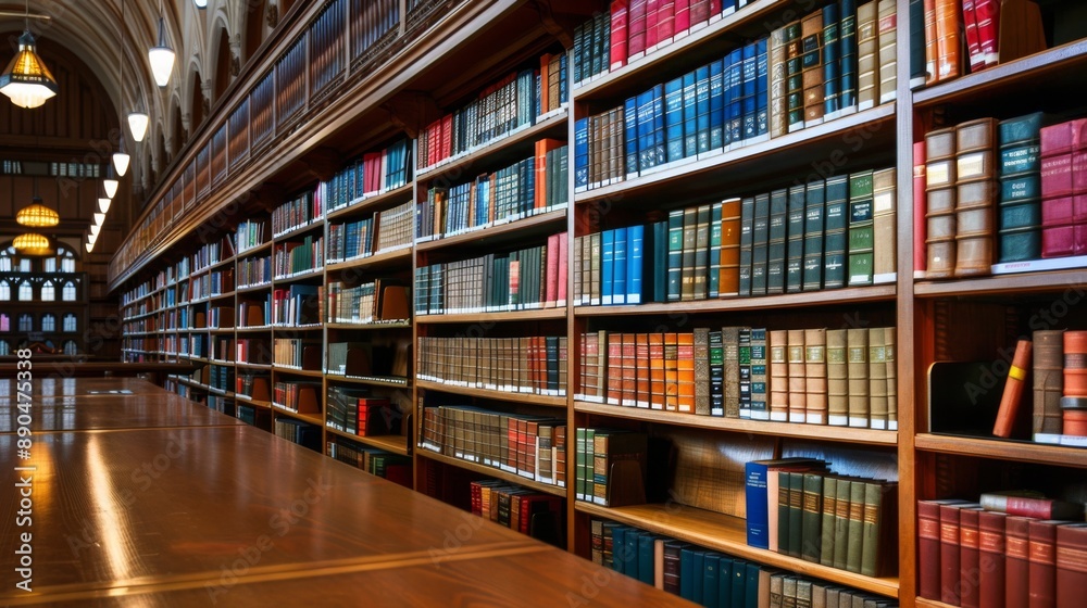Bookshelves full of books in the library. Wooden shelves with huge pile of different books Bookshelves full of books in the library. Wooden shelves with huge pile of different books