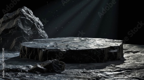 Minimalistic pedestal of black stone with rough texture on a rocky, dark surface. A meteorite casts a shadow, illuminating the platform in a contrasting light. 