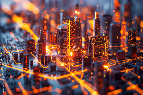 A futuristic high-tech city at night with interconnected glowing lines, symbolizing advanced technology, connectivity, and the digital era of smart cities. photo