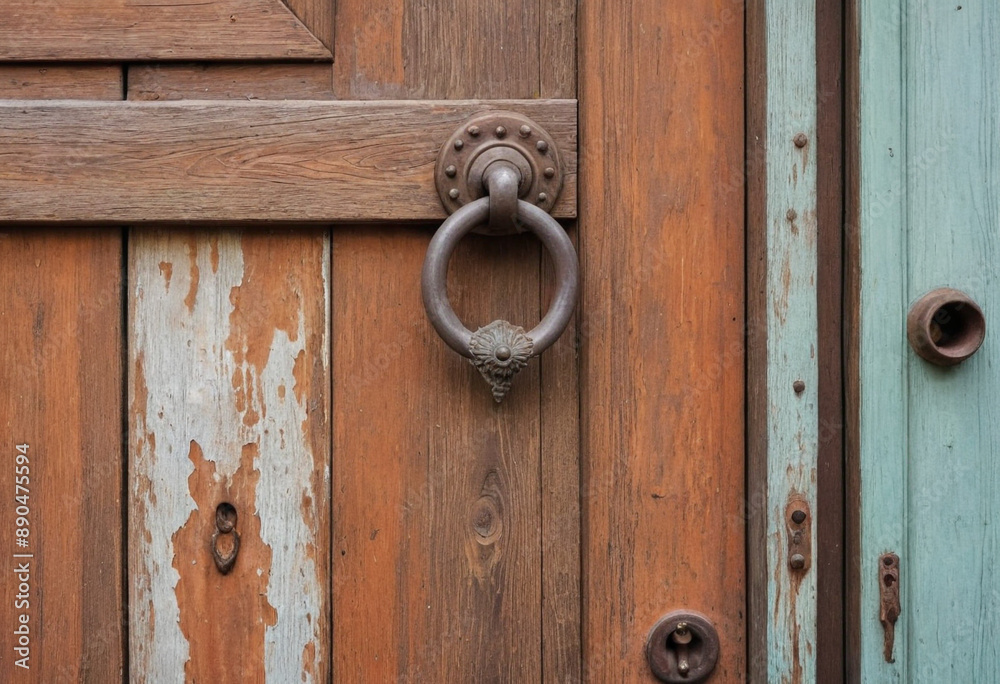 A weathered wooden door with a rusty knocker and peeling paint. A weathered wooden door with a rusty knocker and peeling paint.