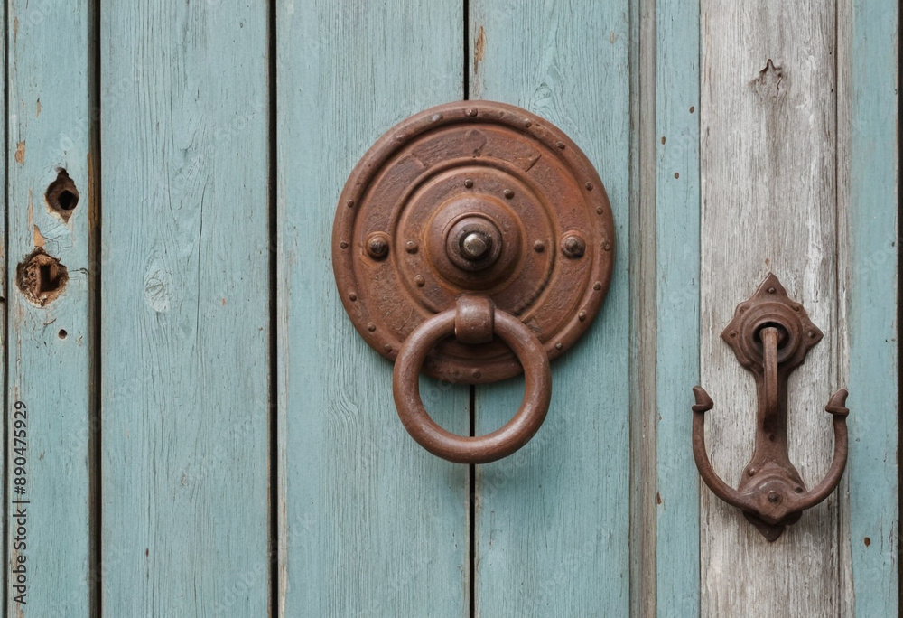 A weathered wooden door with a rusty knocker and peeling paint. A weathered wooden door with a rusty knocker and peeling paint.