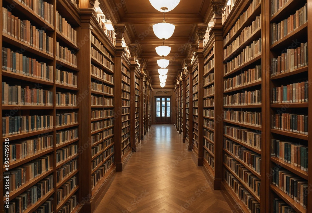 A library interior with rows of towering bookshelves illuminated by warm lamps. A library interior with rows of towering bookshelves illuminated by warm lamps.