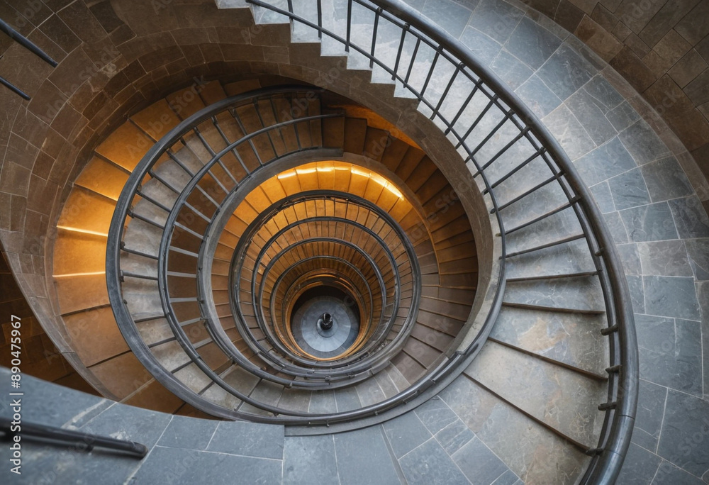 Fototapeta premium A spiral staircase made of polished stone, leading upwards into a mysterious tower. 