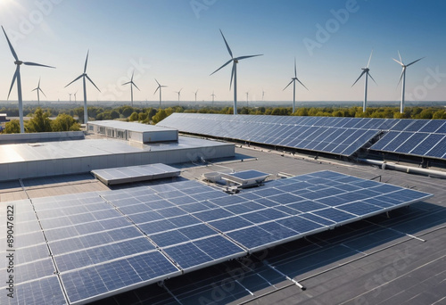  A rooftop with solar panels and wind turbines, capturing renewable energy. 