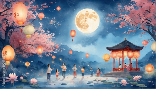 Wallpaper Mural Illustration on the theme of Mid-Autumn Festival, Chinese Moon Festival, Zhongqiu. Family Feast. Torontodigital.ca