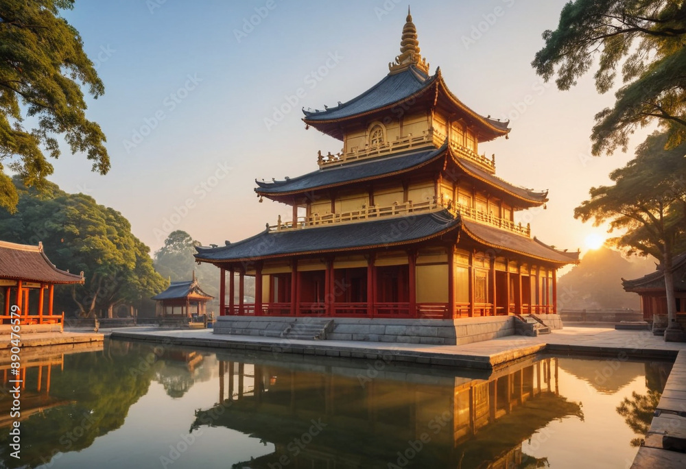 A peaceful temple bathed in the soft glow of morning light. A peaceful temple bathed in the soft glow of morning light.