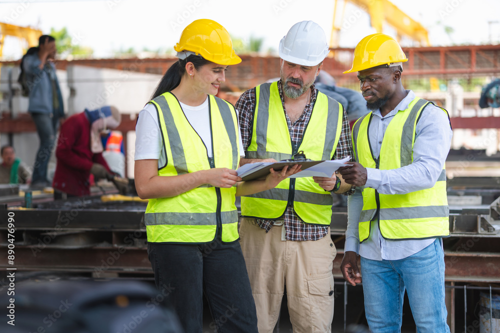 Group of Engineer and foreman worker team inspect the construction site, Site manager worker and builder on construction site.