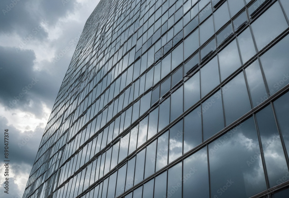 Fototapeta premium A dramatic sky filled with storm clouds reflected in the windows of a skyscraper.